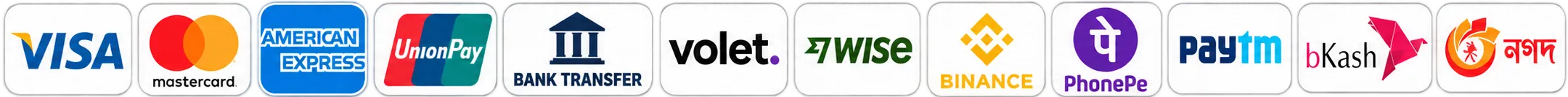 Accepted payment methods: Visa, Mastercard, American Express, UnionPay, bank transfer, Volet, Wise, Binance, PhonePe, Paytm, bKash, Nagad